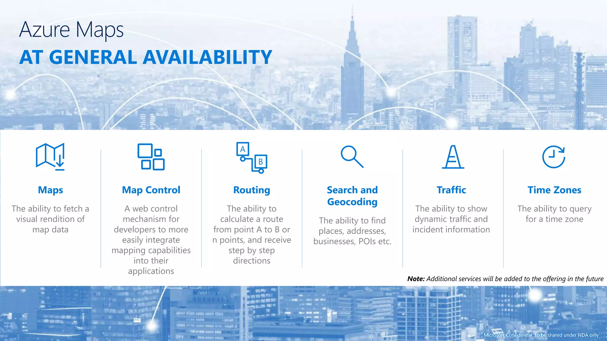 Microsoft Confidential – to be shared under NDA onlyMicrosoft Confidential to be shared under NDA only
Azure Maps
AT GENERAL AVAILABILITY
Time Zones
The ability to query
for a time zone
Note: Additional services will be added to the offering in the future
Maps
The ability to fetch a
visual rendition of
map data
Routing
The ability to
calculate a route
from point A to B or
n points, and receive
step by step
directions
Search and
Geocoding
The ability to find
places, addresses,
businesses, POIs etc.
Traffic
The ability to show
dynamic traffic and
incident information
Map Control
A web control
mechanism for
developers to more
easily integrate
mapping capabilities
into their
applications
 