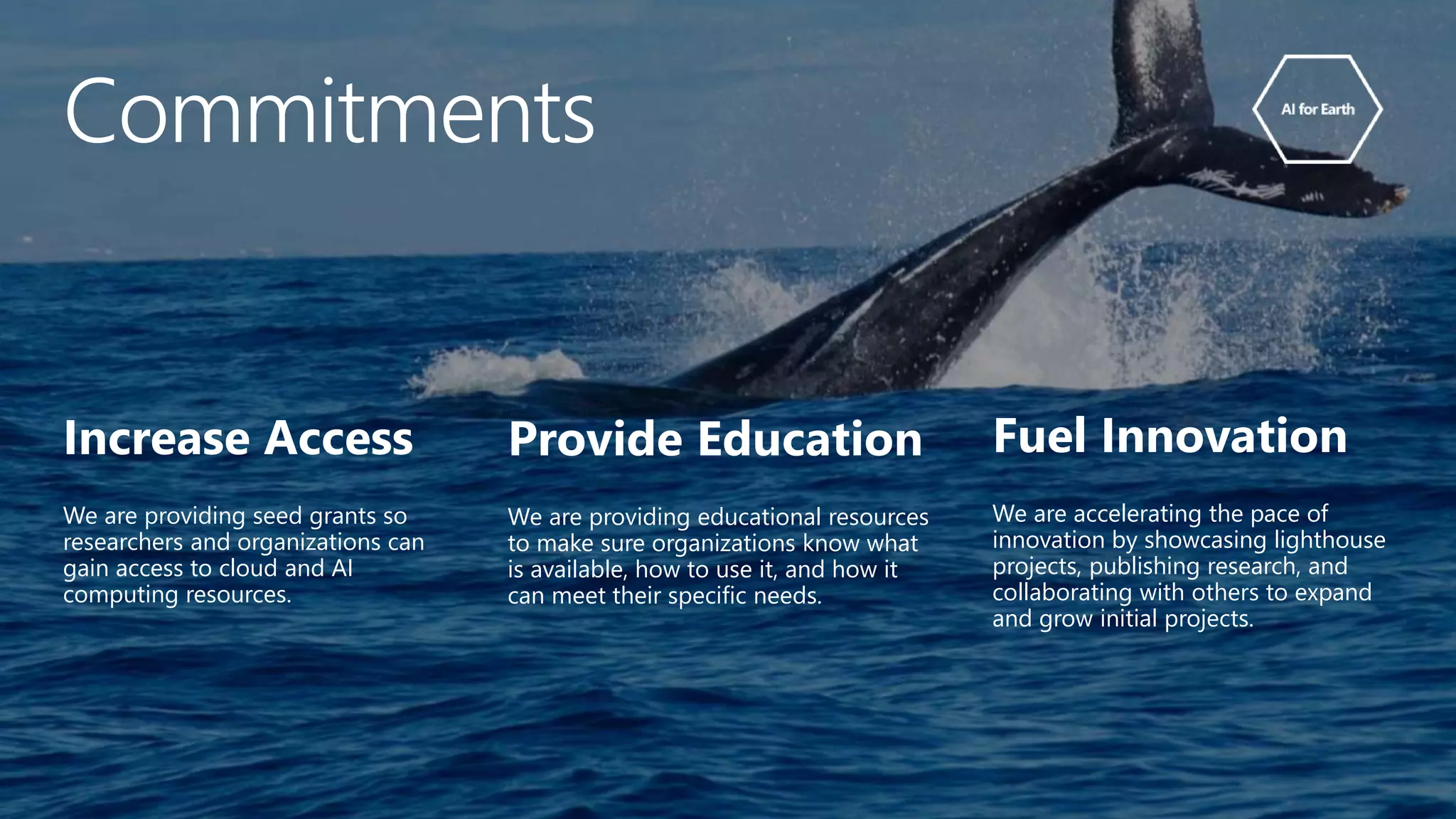 Commitments
Increase Access
We are providing seed grants so
researchers and organizations can
gain access to cloud and AI
computing resources.
Fuel Innovation
We are accelerating the pace of
innovation by showcasing lighthouse
projects, publishing research, and
collaborating with others to expand
and grow initial projects.
Provide Education
We are providing educational resources
to make sure organizations know what
is available, how to use it, and how it
can meet their specific needs.
 