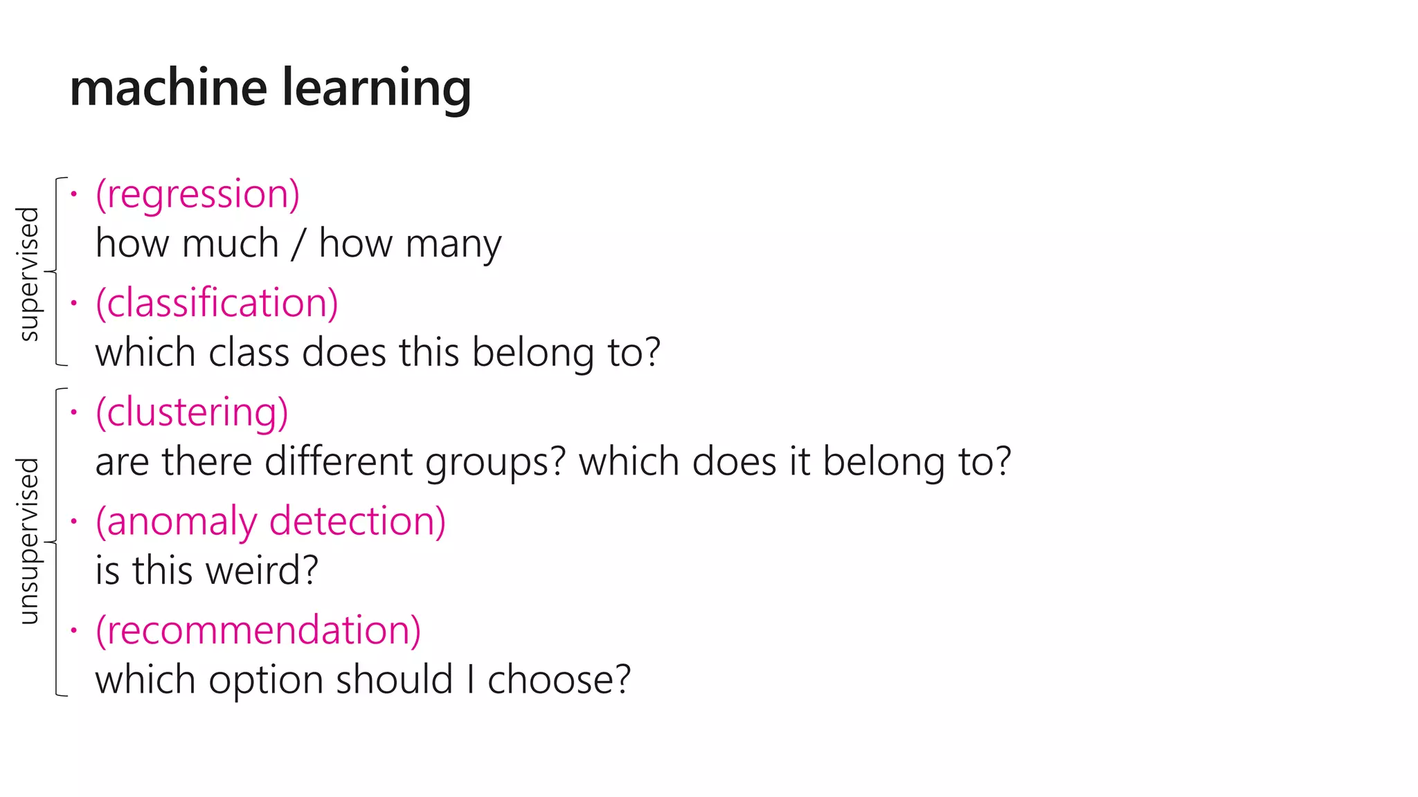  (regression)
 (classification)
 (clustering)
 (anomaly detection)
 (recommendation)
 