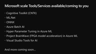 Microsoft scale Tools/Services available/coming to you
 Cognitive Toolkit (CNTK)
 ML.Net
 ONNX
 Azure Batch AI
 Hyper Parameter Tuning in Azure ML
 Project BrainWave (FPGA model acceleration) in Azure ML
 Visual Studio Tools for AI
And more coming soon…
 