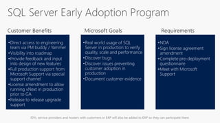 ISVs, service providers and hosters with customers in EAP will also be added to EAP so they can participate there.
•Direct access to engineering
team via PM buddy / Yammer
•Visibility into roadmap
•Provide feedback and input
into design of new features
•Full production support from
Microsoft Support via special
support channel
•License amendment to allow
running vNext in production
prior to GA
•Release to release upgrade
support
•Real world usage of SQL
Server in production to verify
quality, scale and performance
•Discover bugs
•Discover issues preventing
customer adoption in
production
•Document customer evidence
•NDA
•Sign license agreement
amendment
•Complete pre-deployment
questionnaire
•Meet with Microsoft
Support
Customer Benefits Microsoft Goals Requirements
SQL Server Early Adoption Program
 