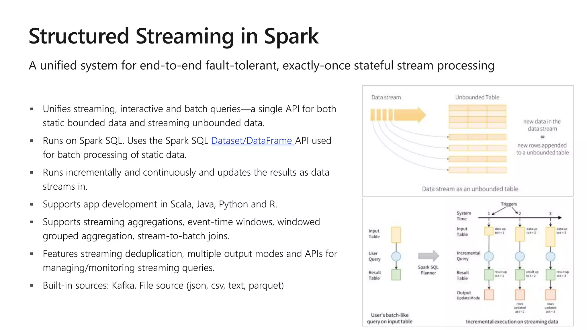  Unifies streaming, interactive and batch queries—a single API for both
static bounded data and streaming unbounded data.
 Runs on Spark SQL. Uses the Spark SQL Dataset/DataFrame API used
for batch processing of static data.
 Runs incrementally and continuously and updates the results as data
streams in.
 Supports app development in Scala, Java, Python and R.
 Supports streaming aggregations, event-time windows, windowed
grouped aggregation, stream-to-batch joins.
 Features streaming deduplication, multiple output modes and APIs for
managing/monitoring streaming queries.
 Built-in sources: Kafka, File source (json, csv, text, parquet)
A unified system for end-to-end fault-tolerant, exactly-once stateful stream processing
 