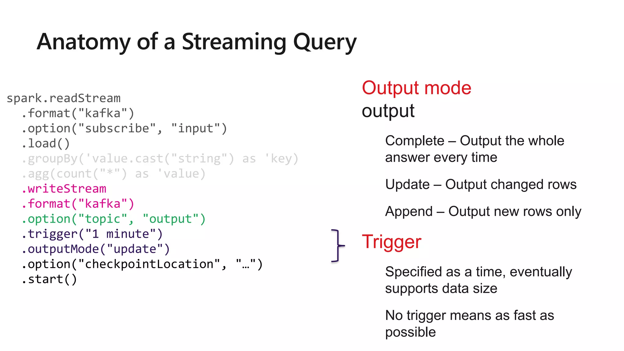 spark.readStream
.format("kafka")
.option("subscribe", "input")
.load()
.groupBy('value.cast("string") as 'key)
.agg(count("*") as 'value)
.writeStream
.format("kafka")
.option("topic", "output")
.trigger("1 minute")
.outputMode("update")
.option("checkpointLocation", "…")
.start()
Output mode – What's
output
• Complete – Output the whole
answer every time
• Update – Output changed rows
• Append – Output new rows only
Trigger – When to output
• Specified as a time, eventually
supports data size
• No trigger means as fast as
possible
 