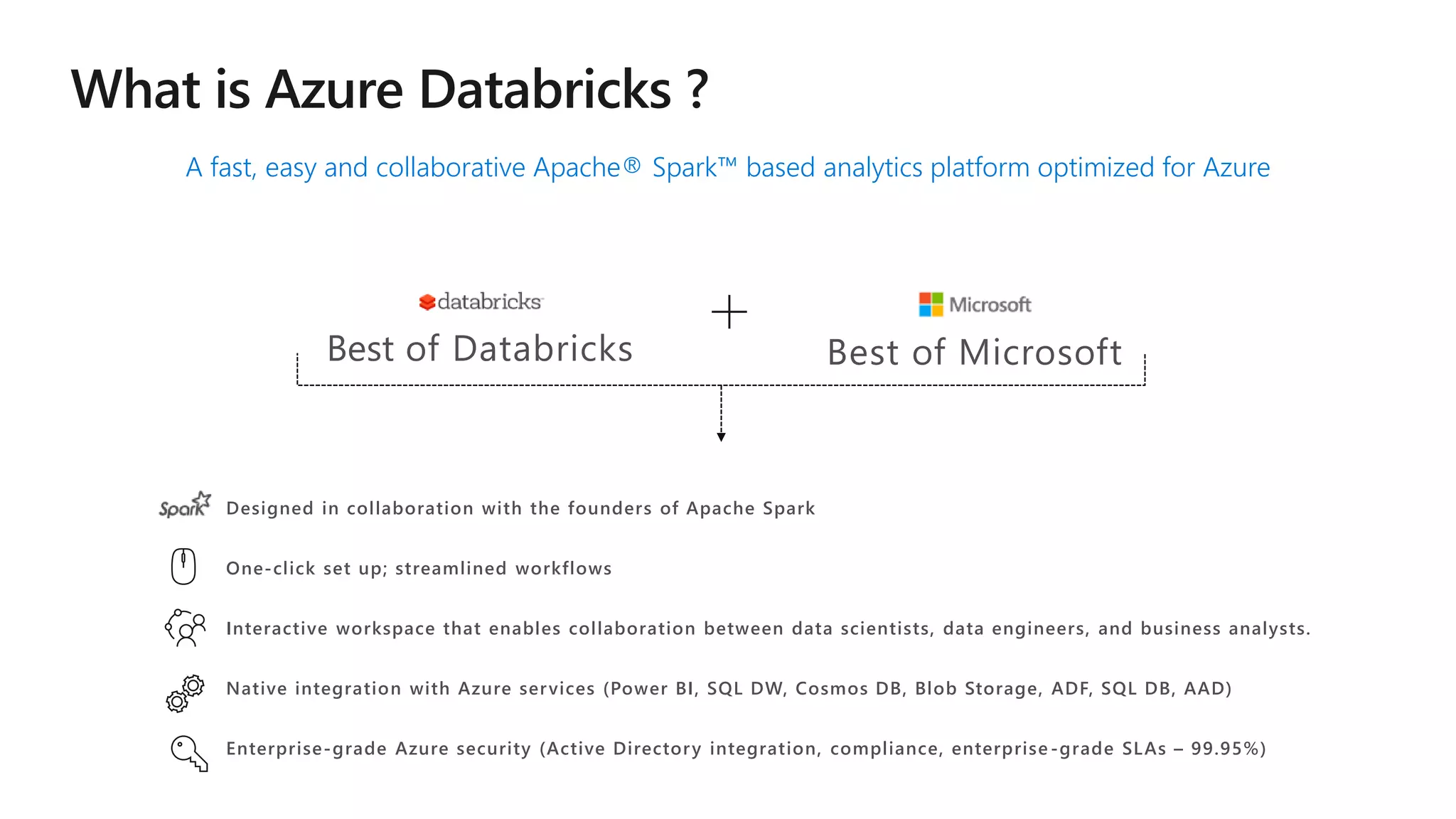 A fast, easy and collaborative Apache® Spark™ based analytics platform optimized for Azure
Best of Databricks Best of Microsoft
Designed in collaboration with the founders of Apache Spark
One-click set up; streamlined workflows
Interactive workspace that enables collaboration between data scientists, data engineers, and business analysts.
Native integration with Azure services (Power BI, SQL DW, Cosmos DB, Blob Storage, ADF, SQL DB, AAD)
Enterprise-grade Azure security (Active Directory integration, compliance, enterprise -grade SLAs – 99.95%)
 