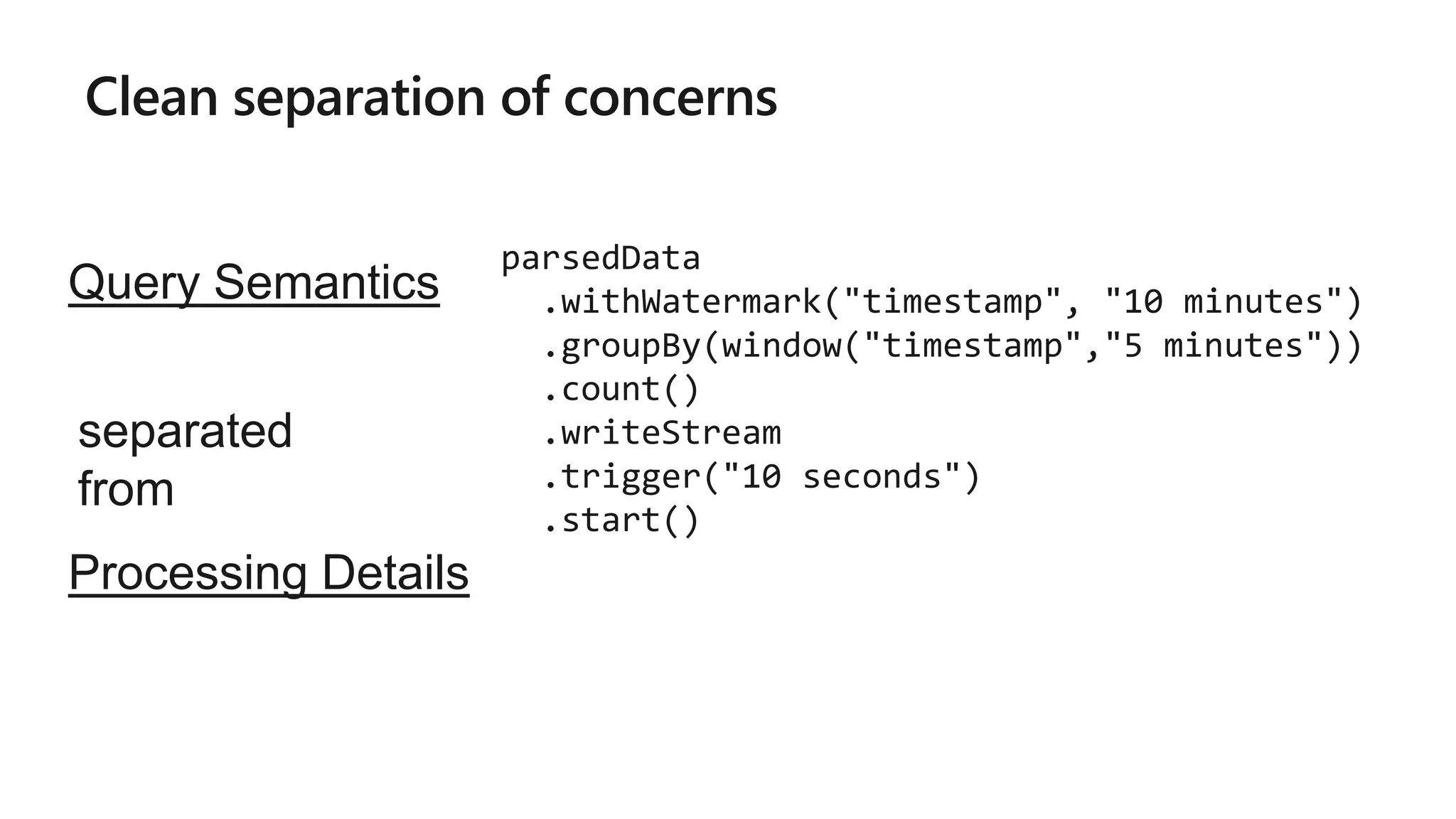 Clean separation of concerns
parsedData
.withWatermark("timestamp", "10 minutes")
.groupBy(window("timestamp","5 minutes"))
.count()
.writeStream
.trigger("10 seconds")
.start()
Query Semantics
Processing Details
separated
from
 