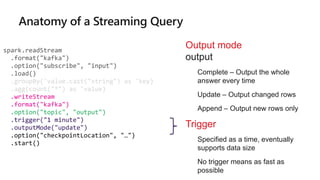 spark.readStream
.format("kafka")
.option("subscribe", "input")
.load()
.groupBy('value.cast("string") as 'key)
.agg(count("*") as 'value)
.writeStream
.format("kafka")
.option("topic", "output")
.trigger("1 minute")
.outputMode("update")
.option("checkpointLocation", "…")
.start()
Output mode – What's
output
• Complete – Output the whole
answer every time
• Update – Output changed rows
• Append – Output new rows only
Trigger – When to output
• Specified as a time, eventually
supports data size
• No trigger means as fast as
possible
 