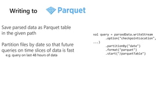 Writing to
Save parsed data as Parquet table
in the given path
Partition files by date so that future
queries on time slices of data is fast
e.g. query on last 48 hours of data
val query = parsedData.writeStream
.option("checkpointLocation",
...)
.partitionBy("date")
.format("parquet")
.start("/parquetTable")
 