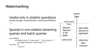 Watermarking
max event
time
event
time
watermark
allowed
lateness
of 10
mins
parsedData
.withWatermark("timestamp", "10 minutes")
.groupBy(window("timestamp","5
minutes"))
.count()
late data
allowed to
aggregate
data too
late,
dropped
Useful only in stateful operations
(streaming aggs, dropDuplicates, mapGroupsWithState,
...)
Ignored in non-stateful streaming
queries and batch queries
 