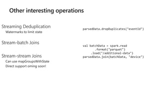 Other interesting operations
Streaming Deduplication
Watermarks to limit state
Stream-batch Joins
Stream-stream Joins
Can use mapGroupsWithState
Direct support oming soon!
val batchData = spark.read
.format("parquet")
.load("/additional-data")
parsedData.join(batchData, "device")
parsedData.dropDuplicates("eventId")
 
