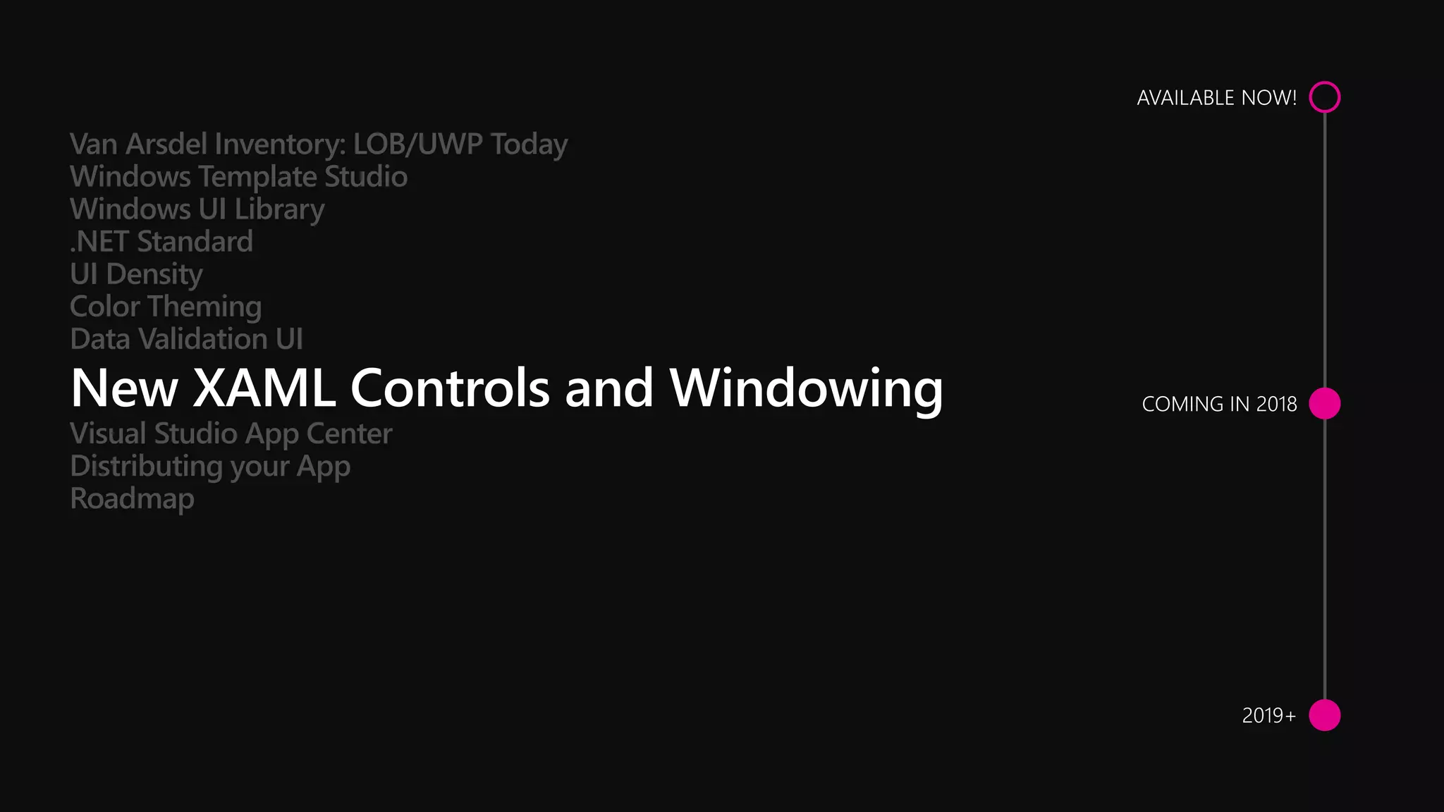 Visual Studio App Center
Distributing your App
Roadmap
Van Arsdel Inventory: LOB/UWP Today
Windows Template Studio
Windows UI Library
.NET Standard
UI Density
Color Theming
Data Validation UI
 