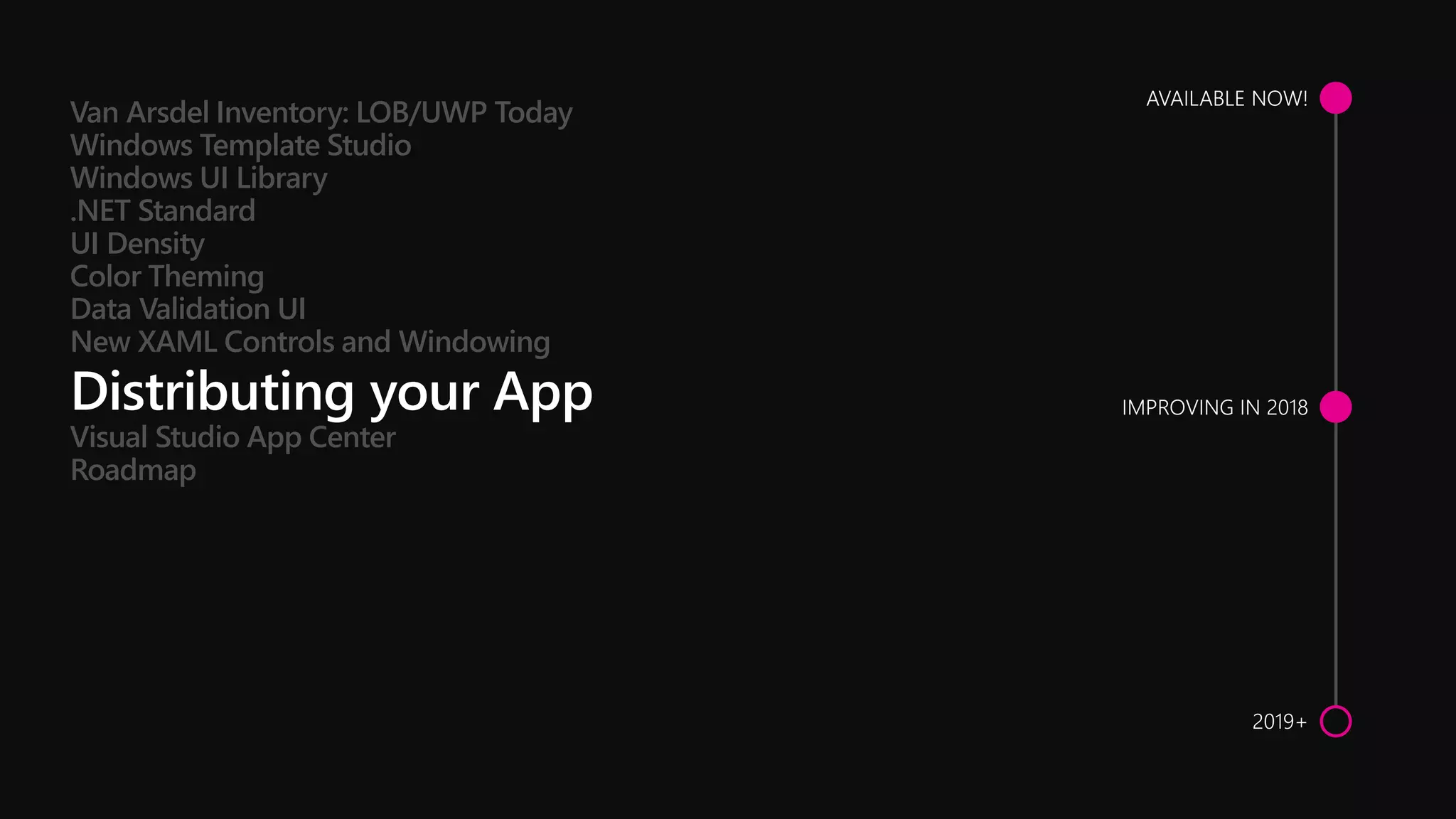 Visual Studio App Center
Roadmap
Van Arsdel Inventory: LOB/UWP Today
Windows Template Studio
Windows UI Library
.NET Standard
UI Density
Color Theming
Data Validation UI
New XAML Controls and Windowing
 