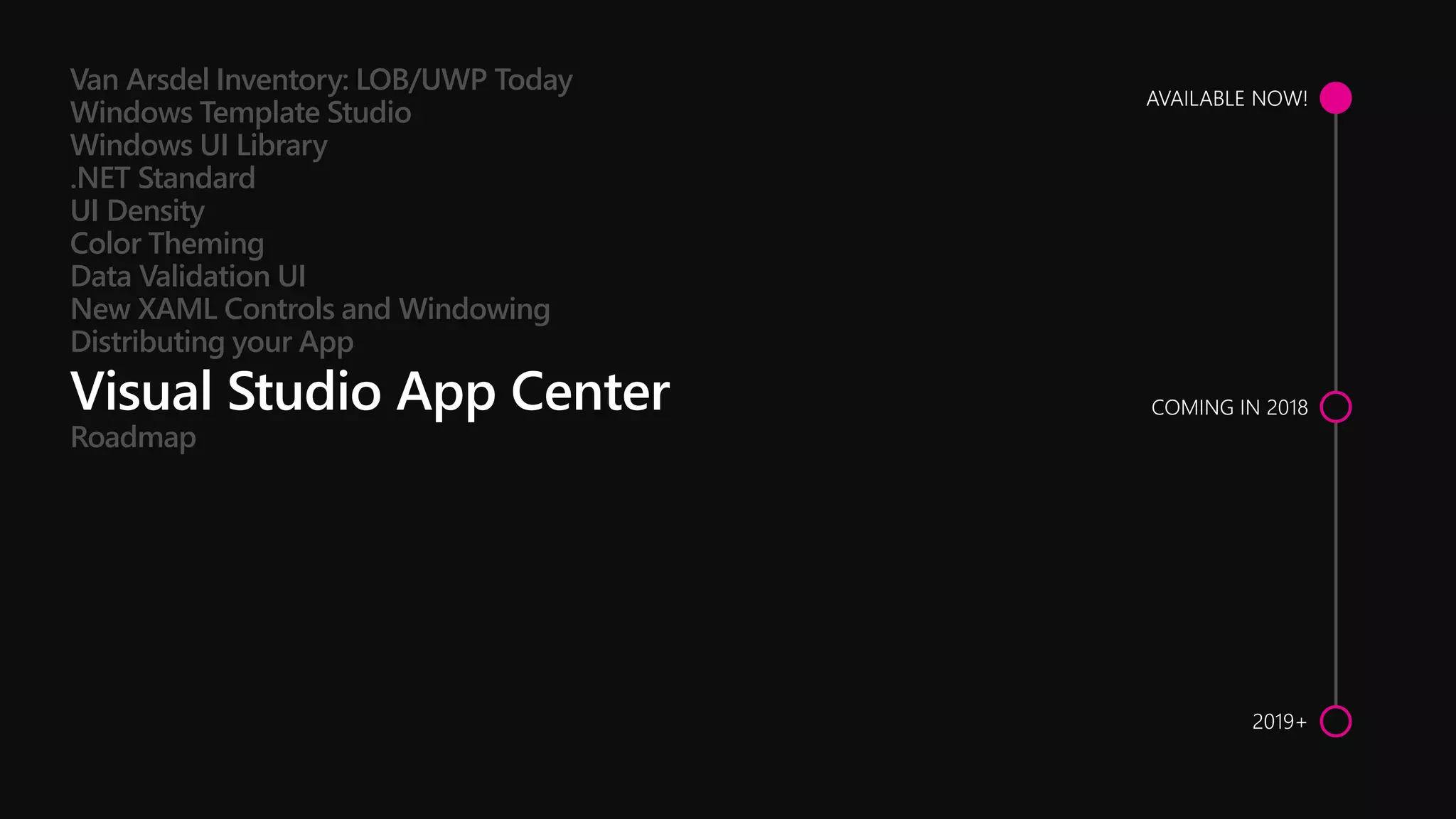 Roadmap
Van Arsdel Inventory: LOB/UWP Today
Windows Template Studio
Windows UI Library
.NET Standard
UI Density
Color Theming
Data Validation UI
New XAML Controls and Windowing
Distributing your App
 
