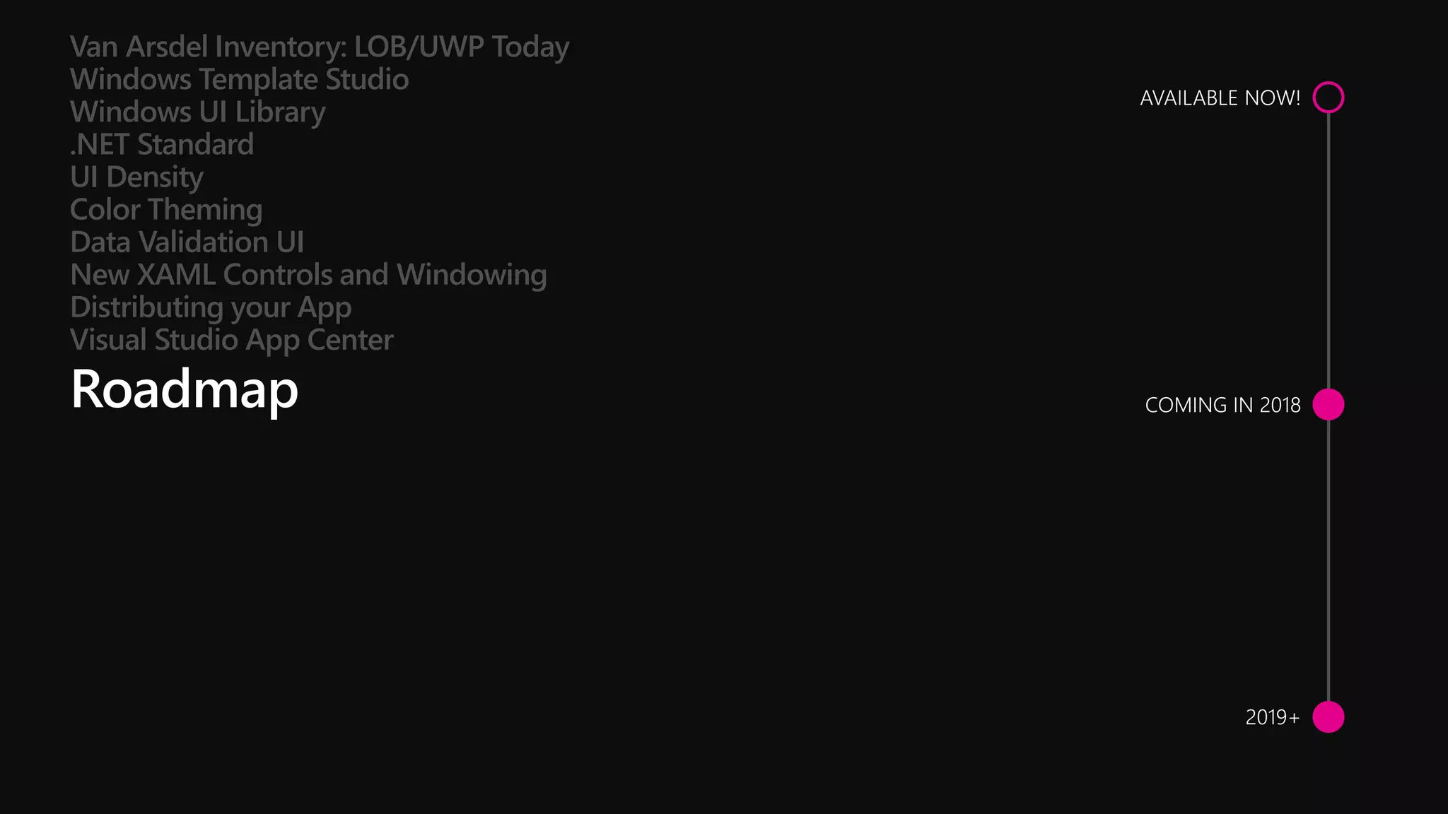 Van Arsdel Inventory: LOB/UWP Today
Windows Template Studio
Windows UI Library
.NET Standard
UI Density
Color Theming
Data Validation UI
New XAML Controls and Windowing
Distributing your App
Visual Studio App Center
 