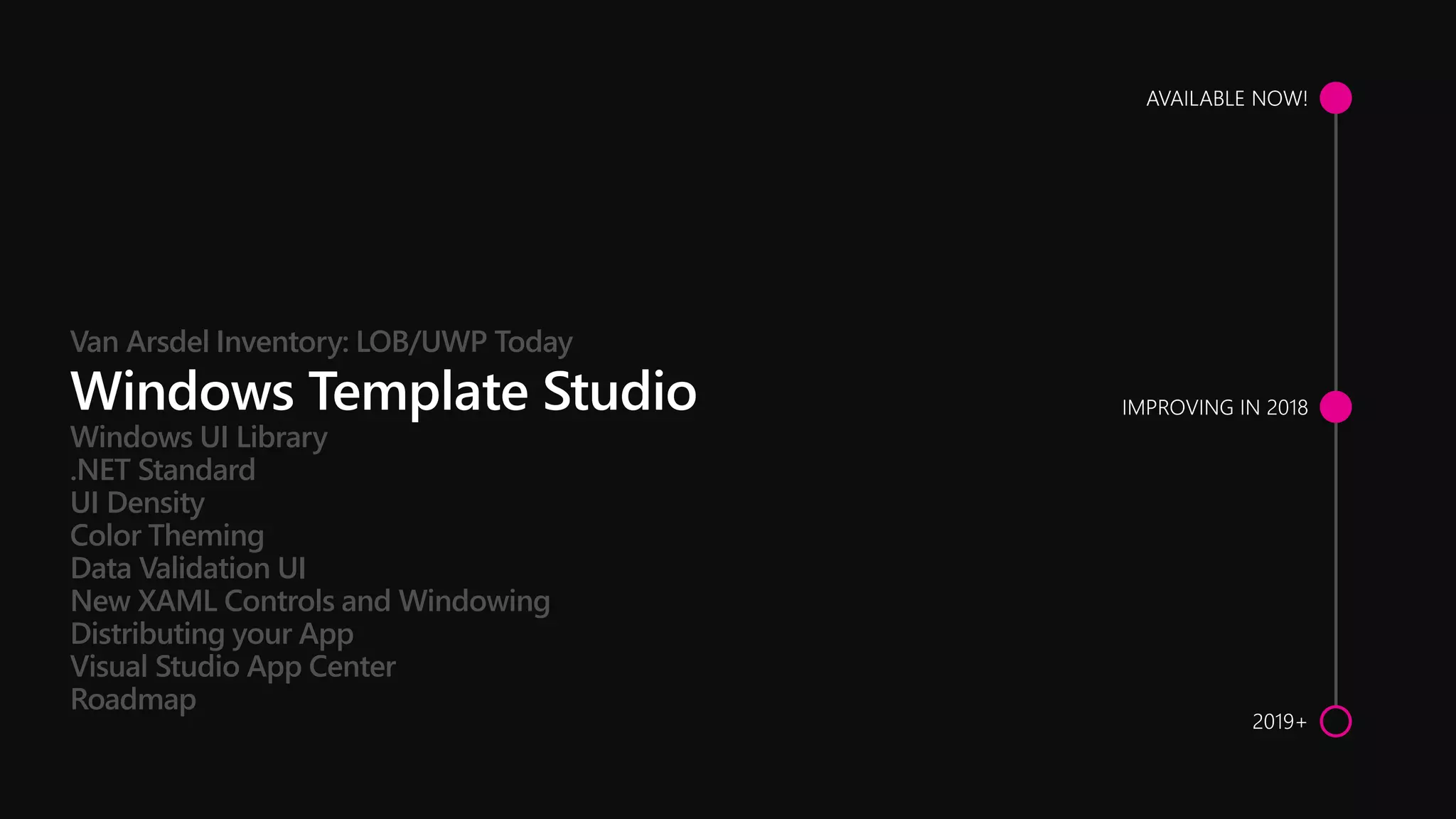 Windows UI Library
.NET Standard
UI Density
Color Theming
Data Validation UI
New XAML Controls and Windowing
Distributing your App
Visual Studio App Center
Roadmap
Van Arsdel Inventory: LOB/UWP Today
 