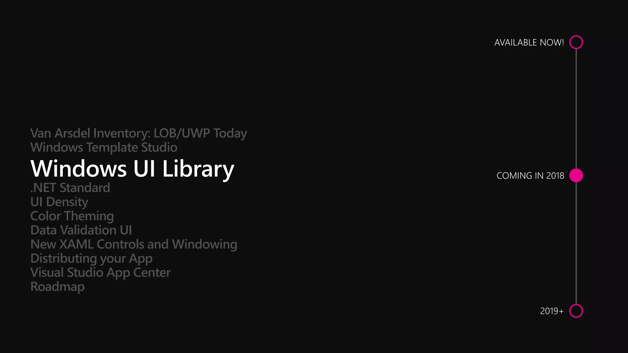 .NET Standard
UI Density
Color Theming
Data Validation UI
New XAML Controls and Windowing
Distributing your App
Visual Studio App Center
Roadmap
Van Arsdel Inventory: LOB/UWP Today
Windows Template Studio
 