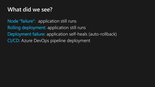 Node “failure”:
Rolling deployment:
Deployment failure:
CI/CD:
 