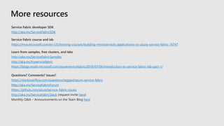 http://aka.ms/ServiceFabricSDK
https://mva.microsoft.com/en-US/training-courses/building-microservices-applications-on-azure-service-fabric-16747
http://aka.ms/ServiceFabricSamples
http://aka.ms/tryservicefabric
https://blogs.msdn.microsoft.com/azureservicefabric/2016/07/06/introduction-to-service-fabric-lab-part-1/
https://stackoverflow.com/questions/tagged/azure-service-fabric
http://aka.ms/ServiceFabricForum
https://github.com/azure/service-fabric-issues
http://aka.ms/ServiceFabricSlack here
here
 