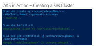 AKS in Action – Creating a K8s Cluster
$ az aks create –g <resourceGroupName> -n
<k8sClusterName> --generate-ssh-keys
 Running ..
$ az aks install-cli
Downloading client to /usr/local/bin/kubectl ..
$ az aks get-credentials –g <resourceGroupName> -n
<k8sClusterName>
Merged “<k8sClusteName>” as current context ..
 