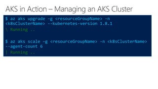 AKS in Action – Managing an AKS Cluster
$ az aks upgrade –g <resourceGroupName> -n
<k8sClusterName> --kubernetes-version 1.8.1
 Running ..
$ az aks scale –g <resourceGroupName> -n <k8sClusterName>
--agent-count 6
| Running ..
 
