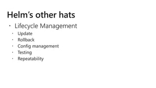  Lifecycle Management
 Update
 Rollback
 Config management
 Testing
 Repeatability
 