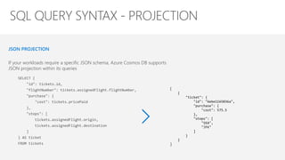 JSON PROJECTION
If your workloads require a specific JSON schema, Azure Cosmos DB supports
JSON projection within its queries
SELECT {
"id": tickets.id,
"flightNumber": tickets.assignedFlight.flightNumber,
"purchase": {
"cost": tickets.pricePaid
},
"stops": [
tickets.assignedFlight.origin,
tickets.assignedFlight.destination
]
} AS ticket
FROM tickets
 