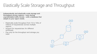 Independently and elastically scale storage and
throughput across regions – even during
unpredictable traffic bursts – with a database that
adapts to your app’s needs.
• Elastically scale throughput from 10 to 100s of
millions of requests/sec across multiple
regions
• Support for requests/sec for different
workloads
• Pay only for the throughput and storage you
need
 