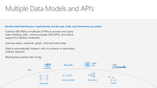 Use the model that fits your requirements, and the apis, tools, and frameworks you prefer
Column-family Document
Table
API
Key-value
SQL
MongoDB
Graph
Cosmos DB offers a multitude of APIs to access and query
data including, SQL, various popular OSS APIs, and native
support for NoSQL workloads.
Use key-value, columnar, graph, and document data
Data is automatically indexed, with no schema or secondary
indexes required
Blazing fast queries with no lag
 