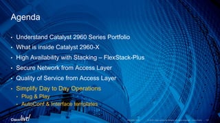 © 2016 Cisco and/or its affiliates. All rights reserved. Cisco Public
•  Understand Catalyst 2960 Series Portfolio
•  What is inside Catalyst 2960-X
•  High Availability with Stacking – FlexStack-Plus
•  Secure Network from Access Layer
•  Quality of Service from Access Layer
•  Simplify Day to Day Operations
•  Plug & Play
•  AutoConf & Interface templates
Agenda
BRKARC-1009 107
 