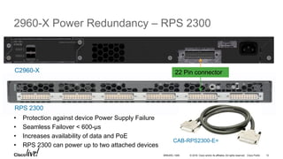 © 2016 Cisco and/or its affiliates. All rights reserved. Cisco Public
2960-X Power Redundancy – RPS 2300
•  Protection against device Power Supply Failure
•  Seamless Failover < 600-µs
•  Increases availability of data and PoE
•  RPS 2300 can power up to two attached devices
22 Pin connector
RPS 2300
C2960-X
CAB-RPS2300-E=
BRKARC-1009 12
 
