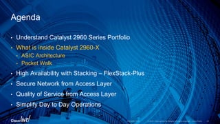 © 2016 Cisco and/or its affiliates. All rights reserved. Cisco Public
•  Understand Catalyst 2960 Series Portfolio
•  What is inside Catalyst 2960-X
•  ASIC Architecture
•  Packet Walk
•  High Availability with Stacking – FlexStack-Plus
•  Secure Network from Access Layer
•  Quality of Service from Access Layer
•  Simplify Day to Day Operations
Agenda
BRKARC-1009 22
 