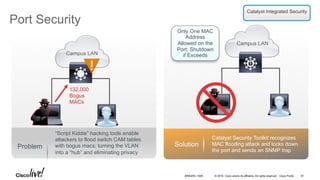 © 2016 Cisco and/or its affiliates. All rights reserved. Cisco Public
Problem
Port Security
Campus LAN
132,000
Bogus
MACs
Catalyst Integrated Security
“Script Kiddie” hacking tools enable
attackers to flood switch CAM tables
with bogus macs; turning the VLAN
into a “hub” and eliminating privacy
Campus LAN
Only One MAC
Address
Allowed on the
Port: Shutdown
if Exceeds
Solution
Catalyst Security Toolkit recognizes
MAC flooding attack and locks down
the port and sends an SNMP trap
BRKARC-1009 61
 