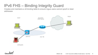 © 2016 Cisco and/or its affiliates. All rights reserved. Cisco Public
IPv6 FHS – Binding Integrity Guard
Creates and maintains a v6 binding table to ensure rogue users cannot spoof or steal
addresses
vlan 100SWITCH
INTRUDER
HOST ROUTER+
DHCP server
PEER
BRKARC-1009 78
 