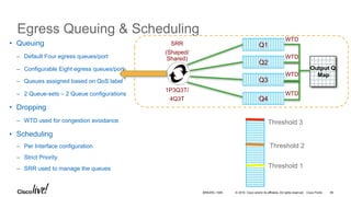 © 2016 Cisco and/or its affiliates. All rights reserved. Cisco Public
Egress Queuing & Scheduling
Output Q
Map
Q1
Q2
Q3
WTD
WTD
WTD
SRR
(Shaped/
Shared)
•  Queuing
–  Default Four egress queues/port
–  Configurable Eight egress queues/port
–  Queues assigned based on QoS label
–  2 Queue-sets – 2 Queue configurations
•  Dropping
–  WTD used for congestion avoidance
•  Scheduling
–  Per Interface configuration
–  Strict Priority
–  SRR used to manage the queues
WTD
1P3Q3T/
4Q3T Q4
BRKARC-1009 90
Threshold 1
Threshold 2
Threshold 3
 