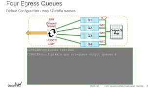 © 2016 Cisco and/or its affiliates. All rights reserved. Cisco Public
C2960XR#show mls qos queue-set 1
Queueset: 1
Queue : 1 2 3 4
----------------------------------------------
buffers : 25 25 25 25
threshold1: 100 200 100 100
threshold2: 100 200 100 100
reserved : 50 50 50 50
maximum : 400 400 400 400
Four Egress Queues
Default Configuration - map 12 traffic classes
Output Q
Map
Q1
Q2
Q3
WTD
WTD
WTD
SRR
(Shaped/
Shared)
Q4
WTD
1P3Q3T/
4Q3T
C2960XR#configure terminal
C2960XR(config)#mls qos srr-queue output queues 8
BRKARC-1009 99
 