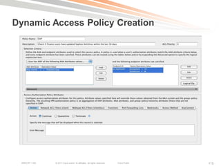 Dynamic Access Policy Creation




  BRKCRT-1160   © 2011 Cisco and/or its affiliates. All rights reserved.   Cisco Public   115
 