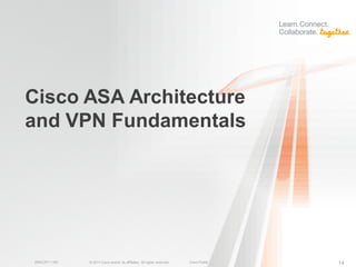 Cisco ASA Architecture
and VPN Fundamentals




BRKCRT-1160   © 2011 Cisco and/or its affiliates. All rights reserved.   Cisco Public   14
 