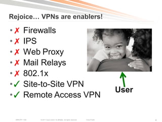 Rejoice… VPNs are enablers!

•✗ Firewalls
•✗ IPS
•✗ Web Proxy
•✗ Mail Relays
•✗ 802.1x
•✓ Site-to-Site VPN
                                                                                         User
•✓ Remote Access VPN

 BRKCRT-1160   © 2011 Cisco and/or its affiliates. All rights reserved.   Cisco Public          4
 