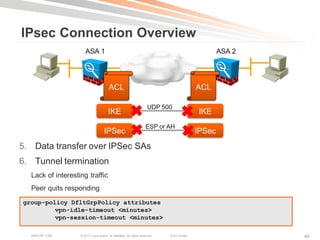 IPsec Connection Overview
                      ASA 1                                                                        ASA 2




                                        ACL                                                  ACL


                                        IKE✖                          UDP 500
                                                                                    ✖ IKE
                                     IPSec ✖                                        ✖IPSec
                                                                     ESP or AH


5. Data transfer over IPSec SAs
6. Tunnel termination
  Lack of interesting traffic
  Peer quits responding
group-policyencryption and hashing
  Negotiated DfltGrpPolicy attributes
         vpn-idle-timeout <minutes>
  Re-keyed after time or byte limit
         vpn-session-timeout <minutes>

  BRKCRT-1160      © 2011 Cisco and/or its affiliates. All rights reserved.   Cisco Public                 46
 