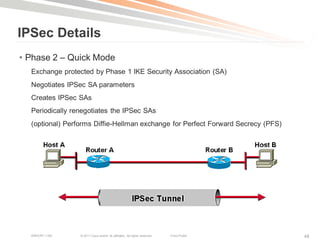 IPSec Details
• Phase 2 – Quick Mode
  Exchange protected by Phase 1 IKE Security Association (SA)
  Negotiates IPSec SA parameters
  Creates IPSec SAs
  Periodically renegotiates the IPSec SAs
  (optional) Performs Diffie-Hellman exchange for Perfect Forward Secrecy (PFS)




  BRKCRT-1160    © 2011 Cisco and/or its affiliates. All rights reserved.   Cisco Public   48
 