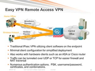 Easy VPN Remote Access VPN
 Home Office

                       Broadband
                       Provider

                                                                                 ISP
                      Wireless                                                                   Central
Wireless Hotspot
                      Provider                                                                   Office




     Traditional IPsec VPN utilizing client software on the endpoint
     Minimal client configuration for simplified deployment
     Also works with hardware clients such as an ASA or Cisco router
     Traffic can be tunneled over UDP or TCP for easier firewall and
      NAT traversal
     Numerous authentication options. PSK, username/password,
      certificates, and combinations.
        BRKCRT-1160   © 2011 Cisco and/or its affiliates. All rights reserved.    Cisco Public             64
 