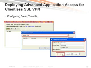 Deploying Advanced Application Access for
Clientless SSL VPN
• Configuring Smart Tunnels




  BRKCRT-1160   © 2011 Cisco and/or its affiliates. All rights reserved.   Cisco Public   96
 