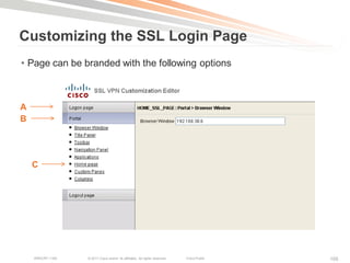 Customizing the SSL Login Page
• Page can be branded with the following options



A
B




    C




    BRKCRT-1160   © 2011 Cisco and/or its affiliates. All rights reserved.   Cisco Public   105
 