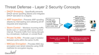 Threat Defense - Layer 2 Security Concepts
• DHCP Snooping - Specifically prevents
DHCP server spoofing attacks and mitigates
DHCP starvation to a degree.
• ARP Inspection - Prevents ARP spoofing
attacks by intercepting and validating all ARP
requests and responses.
• Storm Control - Monitors incoming traffic
levels over a 1-second traffic storm control
interval. Prevents traffic from being disrupted
by a broadcast, multicast, or unicast flood
• Private VLANs - Provide Layer 2 isolation
between ports within the same VLAN.
• MACsec Encryption - Provides MAC-layer
encryption over wired networks using OOB
methods for encryption keying.
 