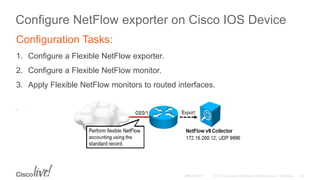 Configure NetFlow exporter on Cisco IOS Device
Configuration Tasks:
1. Configure a Flexible NetFlow exporter.
2. Configure a Flexible NetFlow monitor.
3. Apply Flexible NetFlow monitors to routed interfaces.
.
 