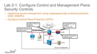 Lab 2-1: Configure Control and Management Plane
Security Controls
• Implement secure management using cryptographically protected protocols
(SSH, SNMP3)
• Configure Control Plane Protection (CPPr)
 