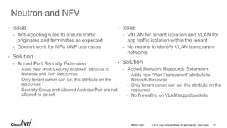 © 2016 Cisco and/or its affiliates. All rights reserved. Cisco Public
Neutron and NFV
• Issue
• Anti-spoofing rules to ensure traffic
originates and terminates as expected
• Doesn’t work for NFV VNF use cases
• Solution
• Added Port Security Extension
• Adds new “Port Security enabled” attribute to
Network and Port Resources
• Only tenant owner can set this attribute on the
resources
• Security Group and Allowed Address Pair are not
allowed to be set
• Issue
• VXLAN for tenant isolation and VLAN for
app traffic isolation within the tenant
• No means to identify VLAN transparent
networks
• Solution
• Added Network Resource Extension
• Adds new “Vlan Transparent” attribute to
Network Resource
• Only tenant owner can set this attribute on the
resources
• No firewalling on VLAN tagged packets
67BRKDCT-2445
 