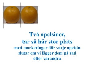 Två apelsiner, 
tar så här stor plats 
med markeringar där varje apelsin 
slutar om vi lägger dem på rad 
efter varandra 
 
