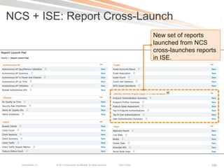 NCS + ISE: Report Cross-Launch
                                                                                              New set of reports
                                                                                              launched from NCS
                                                                                              cross-launches reports
                                                                                              in ISE.




  Presentation_ID   © 2011 Cisco and/or its affiliates. All rights reserved.   Cisco Public                       106
 