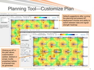 Planning Tool—Customize Plan
                                                                                                    Default suggestions after running
                                                                                                    the planning tool present AP
                                                                                                    deployment choices and ability to
                                                                                                    switch between data and signal
                                                                                                    strength heatmap




Clicking an AP in
the plan allows
customization
(added, deleted or
simply modify
properties) before
a proposal may
be generated
        Presentation_ID   © 2011 Cisco and/or its affiliates. All rights reserved.   Cisco Public                                   16
 
