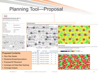 Planning Tool—Proposal




Proposal Contents:
§  Floor Plan Details
§  Disclaimer/Scope/Assumptions
§  Proposed AP Placement
§  Coverage and Data Rate Heatmap
§  Coverage Analysis

           Presentation_ID   © 2011 Cisco and/or its affiliates. All rights reserved.   Cisco Public   17
 